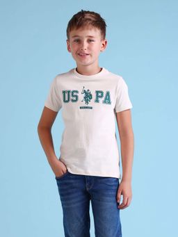 U.S. POLO ASSN. - Boys Beige Cotton Printed Regular Fit T-shirt