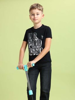 U.S. POLO ASSN. - Boys Black Cotton Printed Regular Fit T-shirt