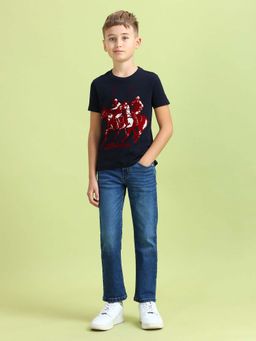 U.S. POLO ASSN. - Boys Navy Blue Cotton Embroidered Regular Fit T-shirt
