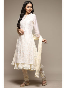 Biba - Womens Off White Embroidered Poly Chanderi Layered Suit (Set of 4)