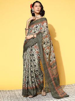 Akhilam - Womens Jute Khadi Multi-Color Printed Designer Saree with Unstitched Blouse