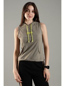 DOMIN8 - Women's Sleeveless Hoodie with Kangaroo Pocket and Neon Drawstring-Olive
