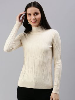 SHOWOFFFF - Women's Self Design Fitted Cream High Neck Top