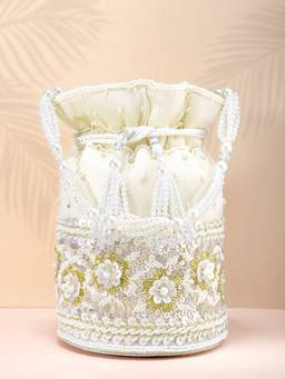 Peora - Potli Bags Evening Bags Ethnic Bride Purse with Drawstring White - P46W