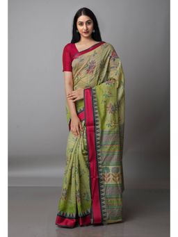 Unnati Silks - Green Block Printed Sico Saree with Unstitched Blouse
