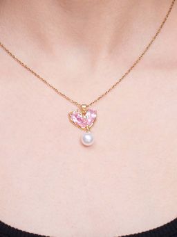 Salty - Women Pink Charming Stone Heart Pearl Necklace