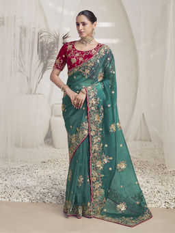 Odette - Women Sea Green Embroidered Sequined Organza Saree with Unstitched Blouse