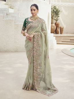 Odette - Women Olive Embroidered Sequined Silk Saree with Unstitched Blouse