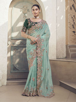 Odette - Women Sea Green Embroidered Sequined Silk Saree with Unstitched Blouse