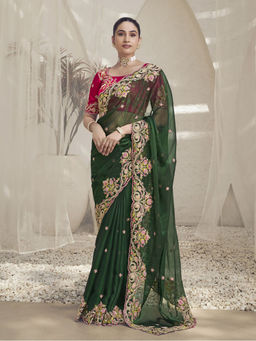 Odette - Women Bottle Green Embroidered Sequined Georgette Saree with Unstitched Blouse