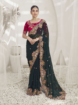Odette - Women Dark Green Embroidered Georgette Saree with Unstitched Blouse