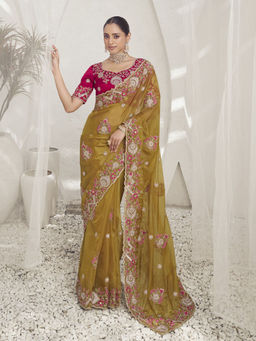 Odette - Women Mustard Embroidered Silk Sequined Saree with Unstitched Blouse