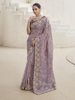 Odette - Women Lavender Embroidered-Sequined Silk Saree with Unstitched Blouse