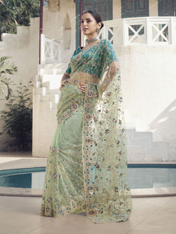 Odette - Women Green Embroidered Sequined Stone Work Net Saree with Unstitched Blouse