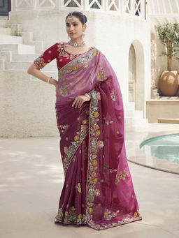 Odette - Women Wine Sequined Embroidered Silk Saree with Unstitched Blouse
