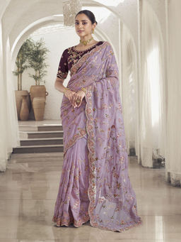 Odette - Women Purple Embroidered Sequined Work Organza Saree with Unstitched Blouse