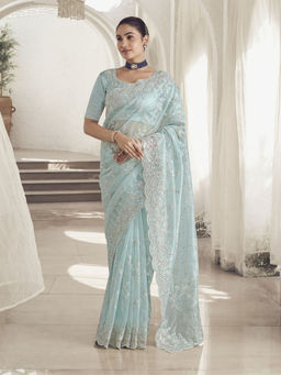 Odette - Women Light Blue Embroidered Sequined Net Saree with Unstitched Blouse