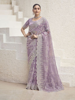 Odette - Women Lavender Embroidered Sequined Net Saree with Unstitched Blouse