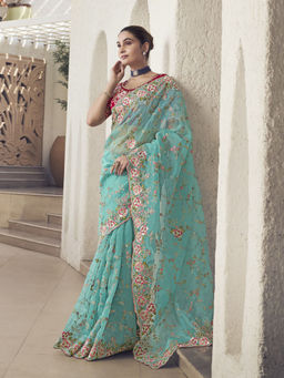 Odette - Women Blue Embroidered Georgette Saree with Unstitched Blouse