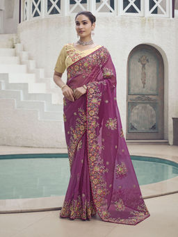 Odette - Women Purple Embroidered Sequined Organza Saree with Unstitched Blouse