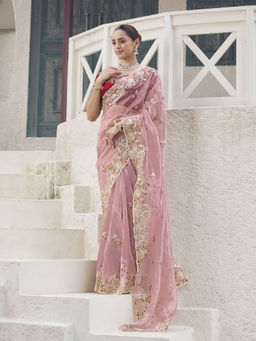 Odette - Women Pink Embroidered Sequined Georgette Saree with Unstitched Blouse