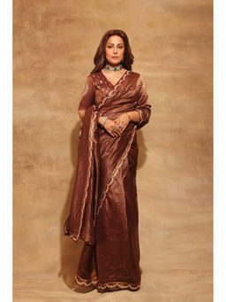 Masaba - Brown Madakal Tissue Saree with Unstitched Blouse