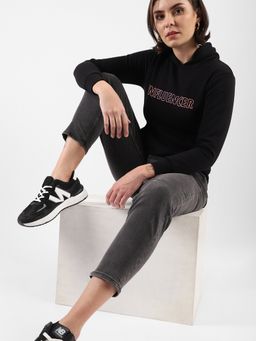Campus Sutra - Women Black Printed Regular Fit Sweatshirt with Hooded Neck for Winterwear