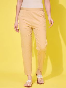 Buynewtrend - Women's Casual Beige Slim Fit Elasticated Pant