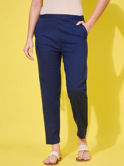 Buynewtrend - Women's Casual Navy Blue Slim Fit Elasticated Pant