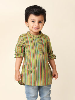 Fabindia - Olive Cotton Striped Long Kurta
