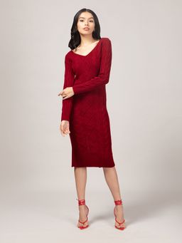 Twenty Dresses by Nykaa Fashion - Maroon V Neck Bodycon Midi Sweater Dress