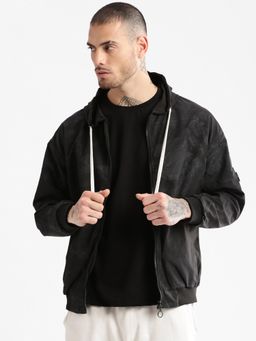 SHOWOFF - Mens Hooded Black Abstract Reversible Bomber Jacket