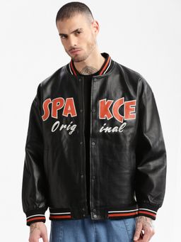 SHOWOFFFF - Mens Black Typography Leather Oversized Jacket