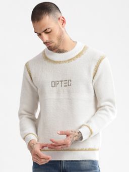 SHOWOFFFF - Mens Round Neck Long Sleeves Typography Cream Pullover
