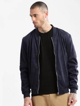 SHOWOFFFF - Mens Navy Blue Solid Bomber Jacket