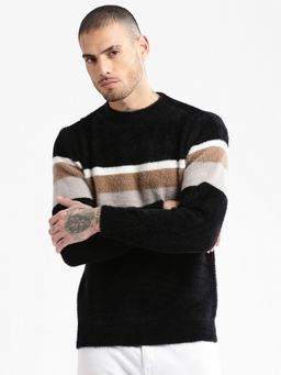 SHOWOFF - Mens Round Neck Long Sleeves Striped Black Pullover