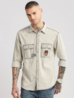 SHOWOFFFF - Mens Long Sleeves Spread Collar Denim Solid Grey Casual Shirt