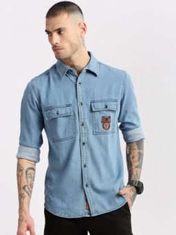 SHOWOFFFF - Mens Long Sleeves Spread Collar Denim Printed Blue Casual Shirt