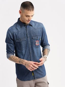 SHOWOFFFF - Mens Long Sleeves Spread Collar Denim Printed Navy Blue Casual Shirt