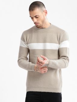 SHOWOFF - Mens Round Neck Long Sleeves Stripes Beige Pullover
