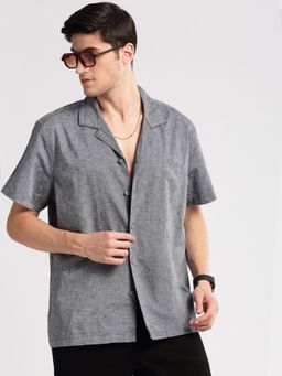 SHOWOFFFF - Mens Short Sleeves Cuban Collar Cotton Solid Grey Casual Shirt