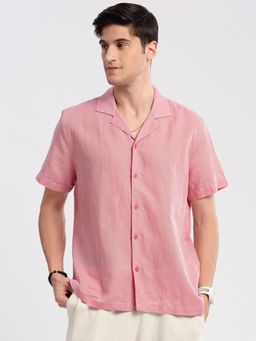 SHOWOFF - Mens Short Sleeves Cuban Collar Cotton Solid Pink Casual Shirt