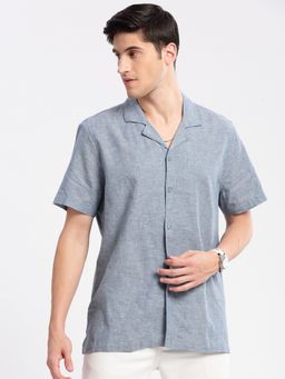 SHOWOFFFF - Mens Short Sleeves Cuban Collar Cotton Solid Blue Casual Shirt