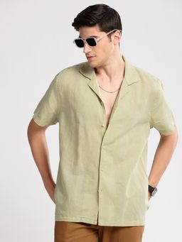 SHOWOFFFF - Mens Short Sleeves Cuban Collar Cotton Solid Green Casual Shirt