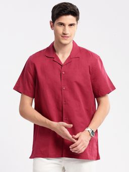 SHOWOFFFF - Mens Short Sleeves Cuban Collar Cotton Solid Red Casual Shirt