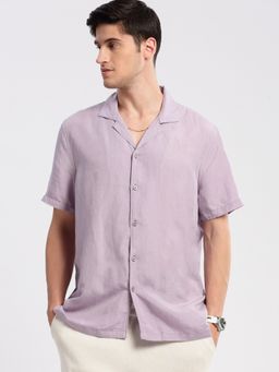 SHOWOFF - Mens Short Sleeves Cuban Collar Cotton Solid Lavender Casual Shirt