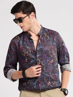 SHOWOFF - Mens Long Sleeves Mandarin Collar Abstract Navy Blue Casual Shirt