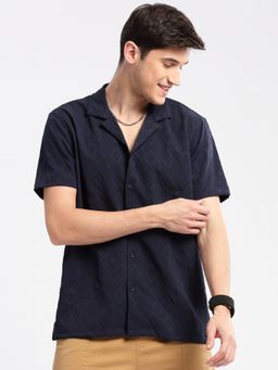 SHOWOFFFF - Mens Short Sleeves Cuban Collar Self Design Navy Blue Casual Shirt