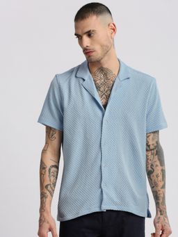 SHOWOFFFF - Mens Short Sleeves Cuban Collar Self Design Blue Casual Shirt