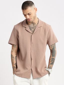 SHOWOFFFF - Mens Short Sleeves Cuban Collar Self Design Beige Casual Shirt